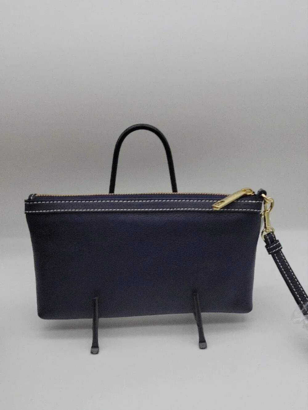 Talbots Navy Leather Wristlet with White Stitching and Gold Hardware